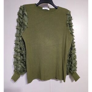 Siani Milano Olive Green Rib Knit Sweater Textured Sheer Sleeves Size S/M EUC